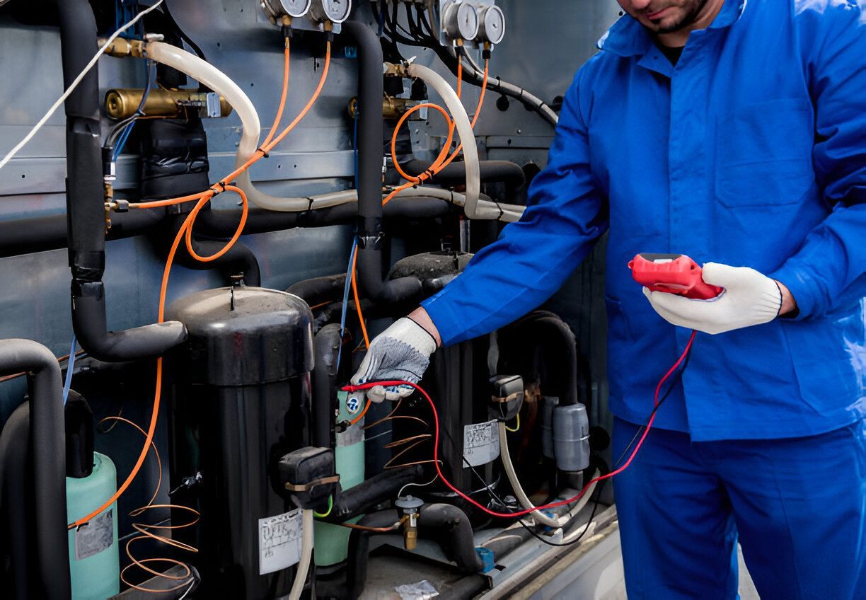 Mechanic in blue uniform testing electrical equipment with a multimeter.