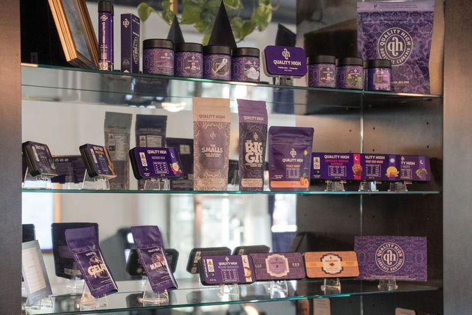Display of the best NY cannabis products, pre-rolls and craft cannabis flower on a purple velvet background