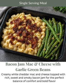Bacon Jam Mac & Cheese with Garlic Green Beans