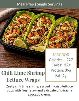 Three chili lime shrimp lettuce wraps with slaw and avocado crema, including a table of macro nutritional data.