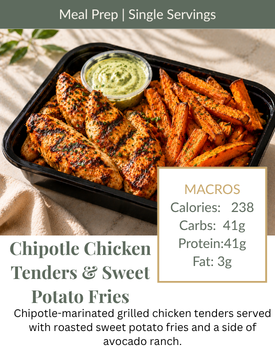 Chipotle chicken tenders with sweet potato fries and green dip in a meal prep container