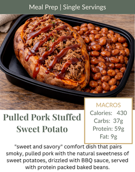 A black meal-prep container with a pulled pork stuffed sweet potato drizzled in BBQ sauce and a side of baked beans.