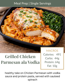 Grilled chicken parmesan with vodka sauce, protein pasta, and spinach in a meal prep container, including macro labels.