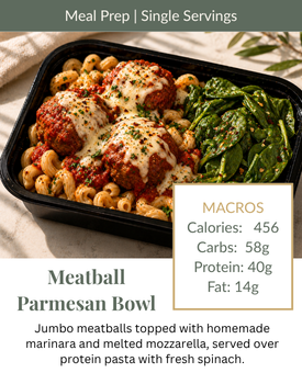 Meal prep single-serving meatball parmesan bowl with pasta, broccoli, and macros label on black tray
