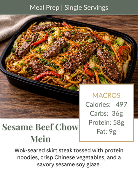 A container of Sesame Beef Chow Mein with 497 calories, 36g carbs, 58g protein, and 9g fat, featuring steak and vegetables.