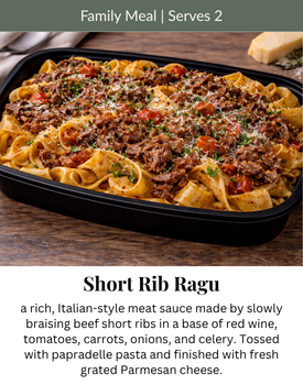 A black rectangular container filled with Short Rib Ragu, a rich meat sauce over pappardelle pasta with Parmesan cheese.