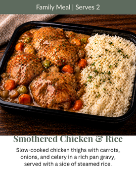 A black rectangular container holds smothered chicken thighs with carrots, onions, and celery, served with steamed rice.