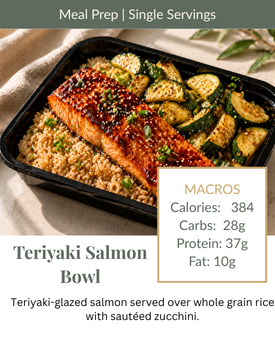 Teriyaki salmon bowl with rice, zucchini, and macros label on a meal prep tray