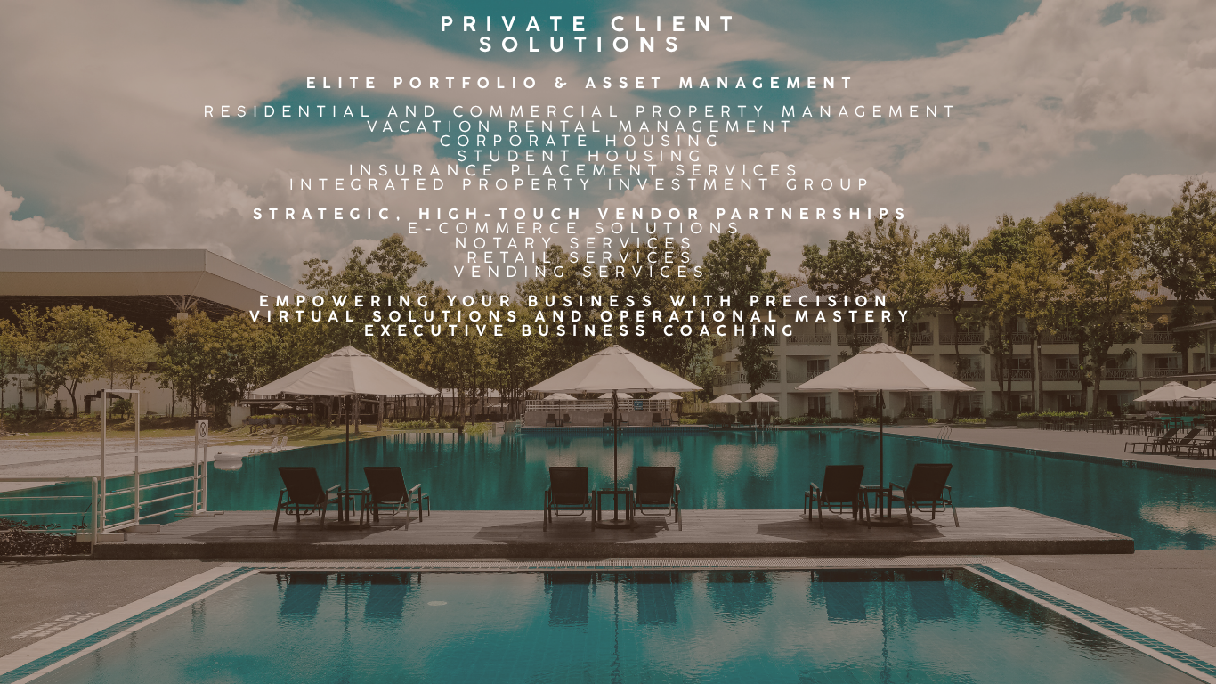 Swimming pool with lounge chairs and umbrellas, text overlay: 