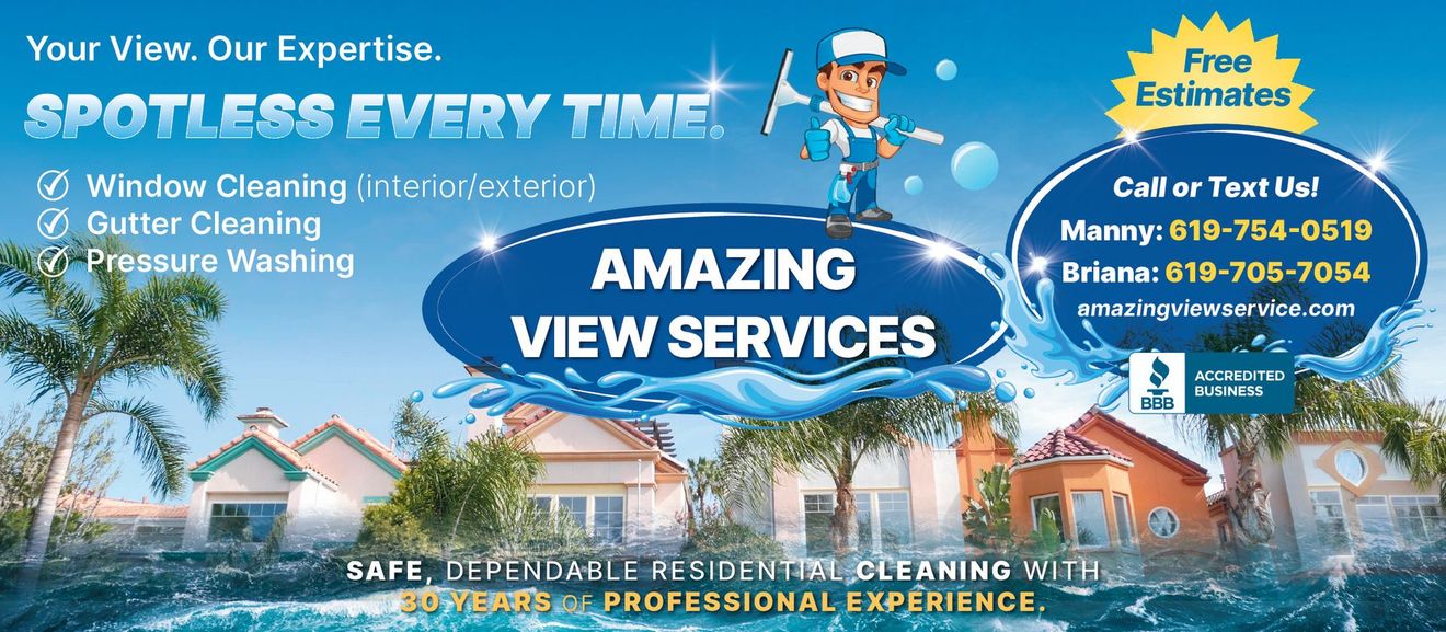 Advertisement for Amazing View Services offering window, gutter, and pressure cleaning with contact info and free quotes.