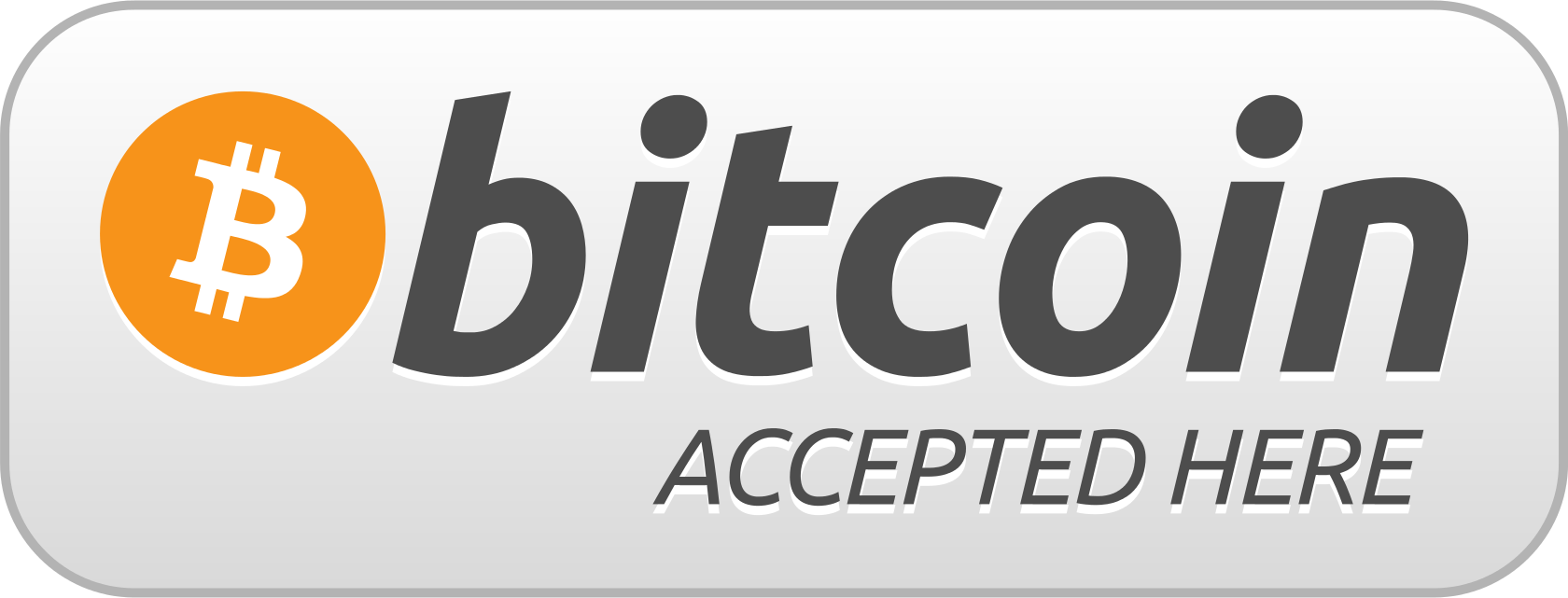 A bitcoin accepted here button on a white background