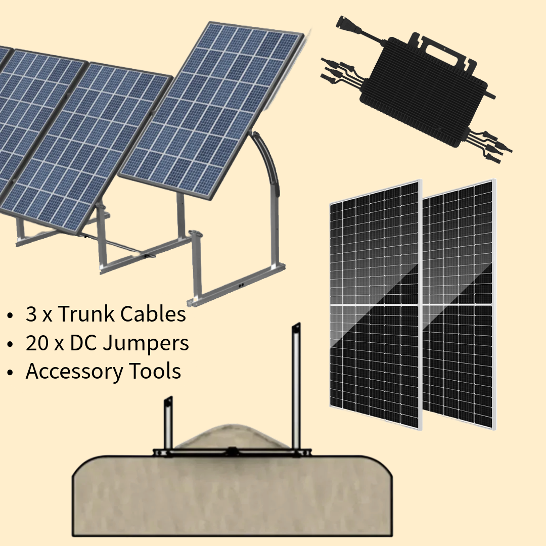 A diagram of a solar panel system with a trunk cable , dc jumpers , and accessory tools.