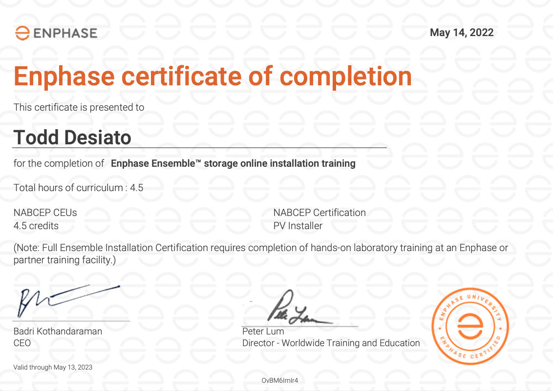 An enphase certificate of completion for todd desiato