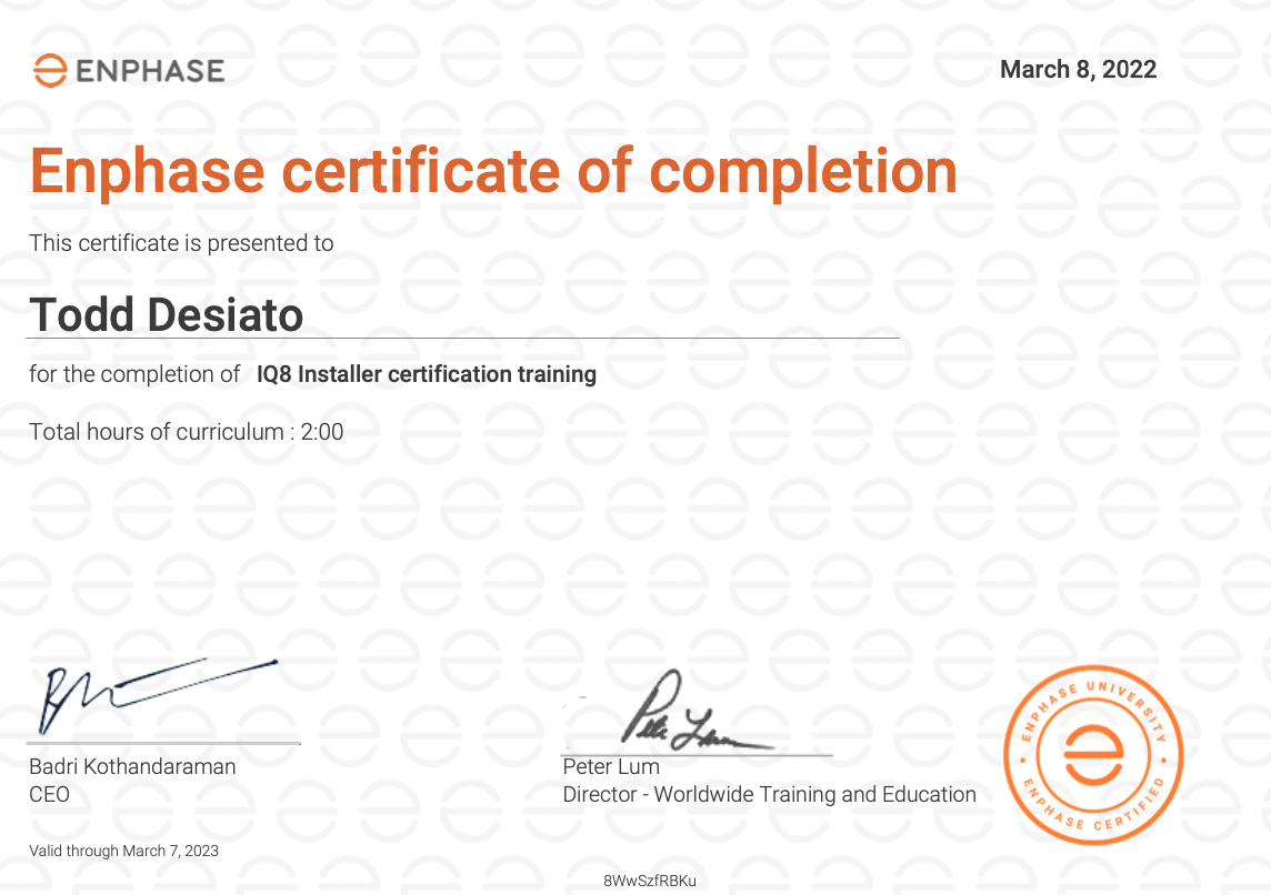 An enphase certificate of completion for todd desiato