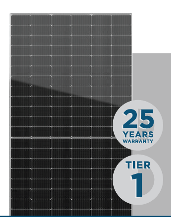 A picture of a solar panel with a 25 year warranty.