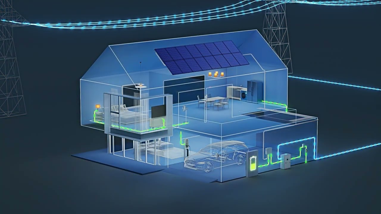 A computer generated image of a house with solar panels on the roof.