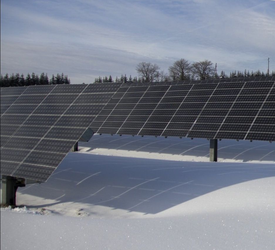 A row of solar panels in the snow with trees in the background
