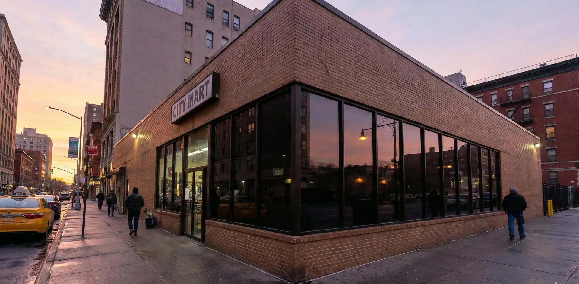 Brick building storefront with sign reading 
