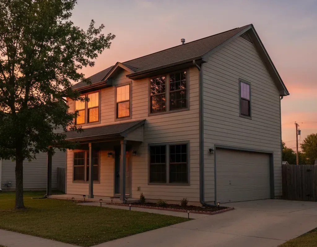 Brick house exterior with a black roof and white-framed windows, shrubbery, and a wall clock.