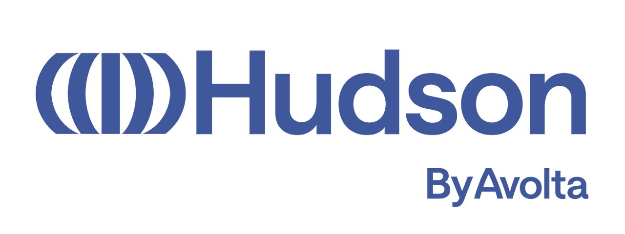 The hudson by avolta logo is blue and white on a white background.