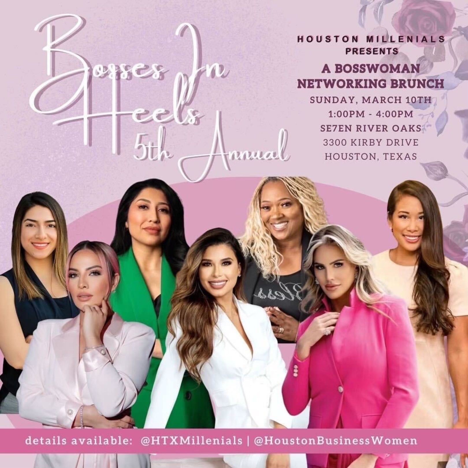 A group of women are standing next to each other on a purple background.