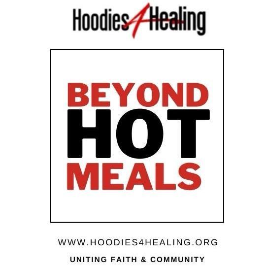 A logo for hoodies 4 healing that says beyond hot meals