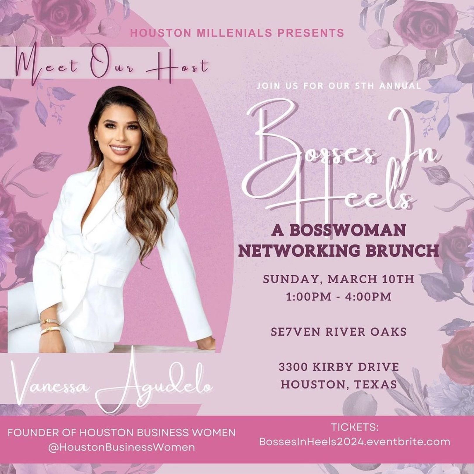 A woman in a white suit is sitting on a pink background for a bosswoman networking brunch.