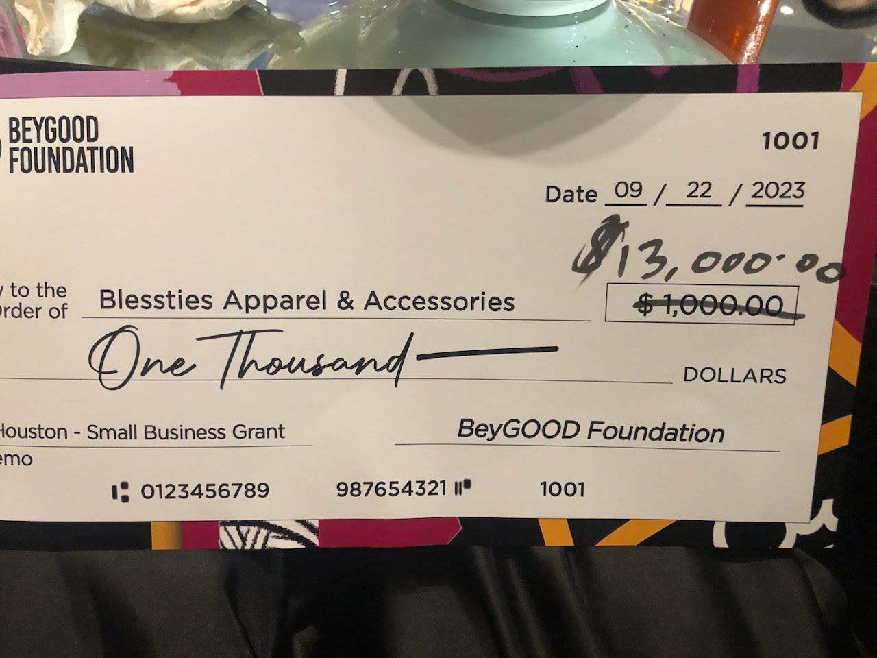 A check from the beygood foundation is worth one thousand dollars