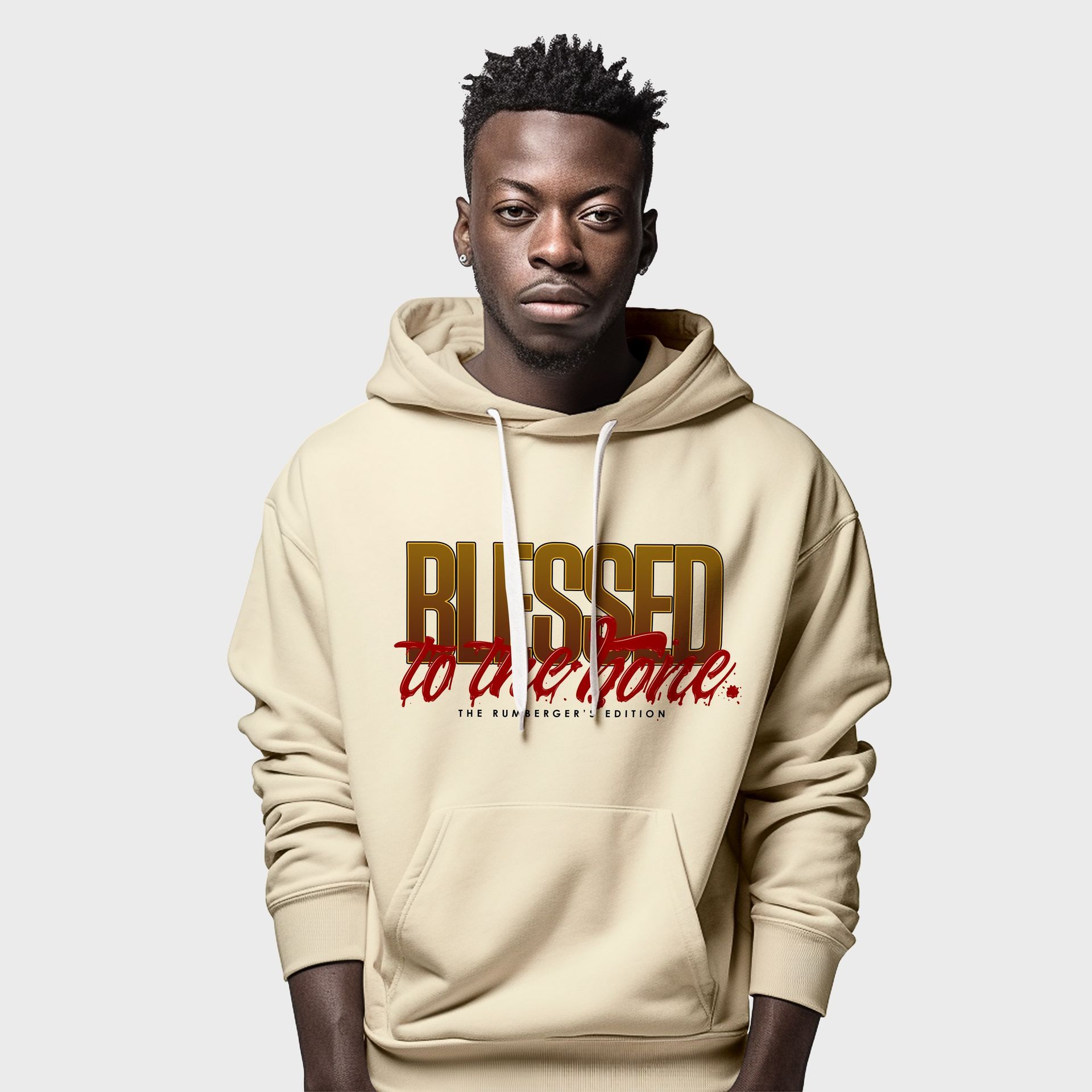 A man wearing a hoodie that says blessed to be here