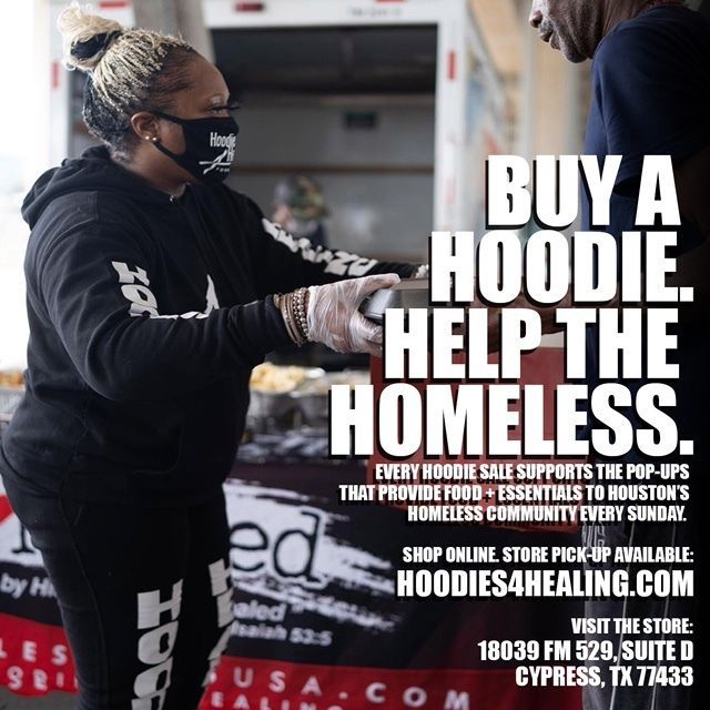 An advertisement for hoodies4healing.com shows a woman wearing a mask