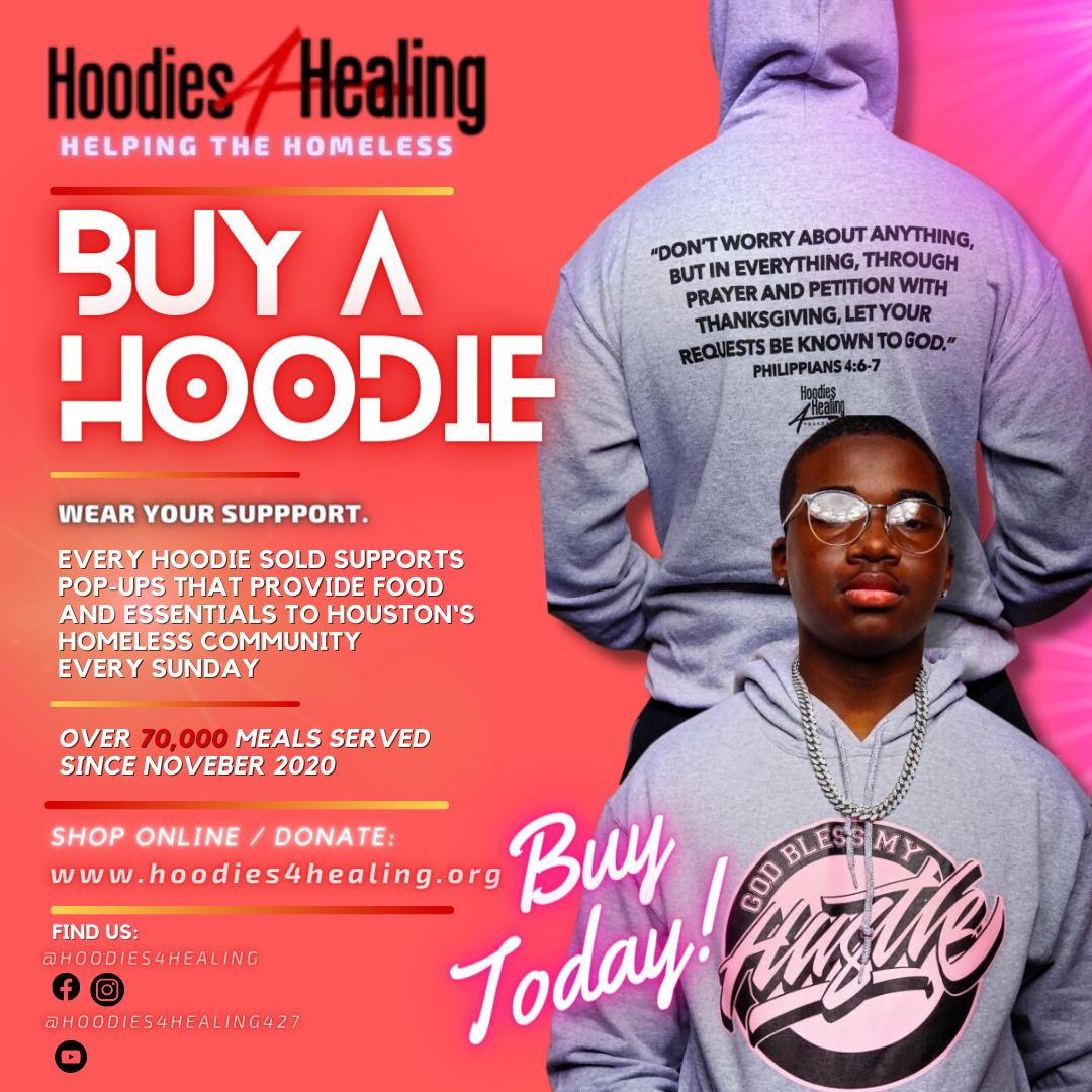 A man is wearing a hoodie that says buy a hoodie