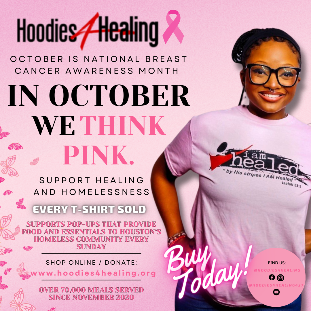 An advertisement for hoodies healing for national breast cancer awareness month