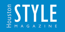 The logo for houston style magazine is blue and white