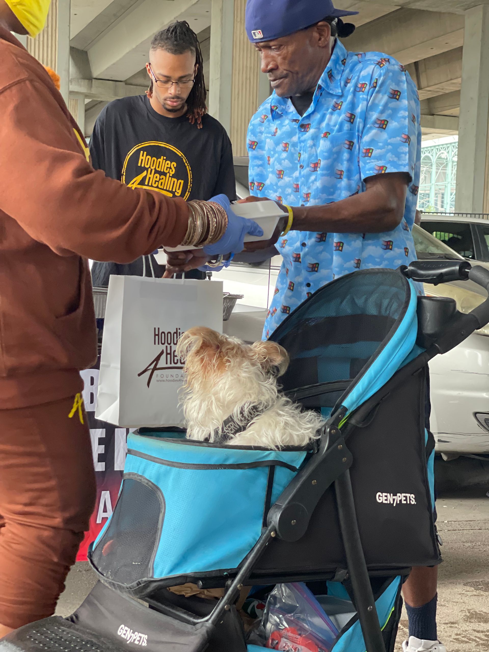 A man is pushing a stroller with a dog in it.