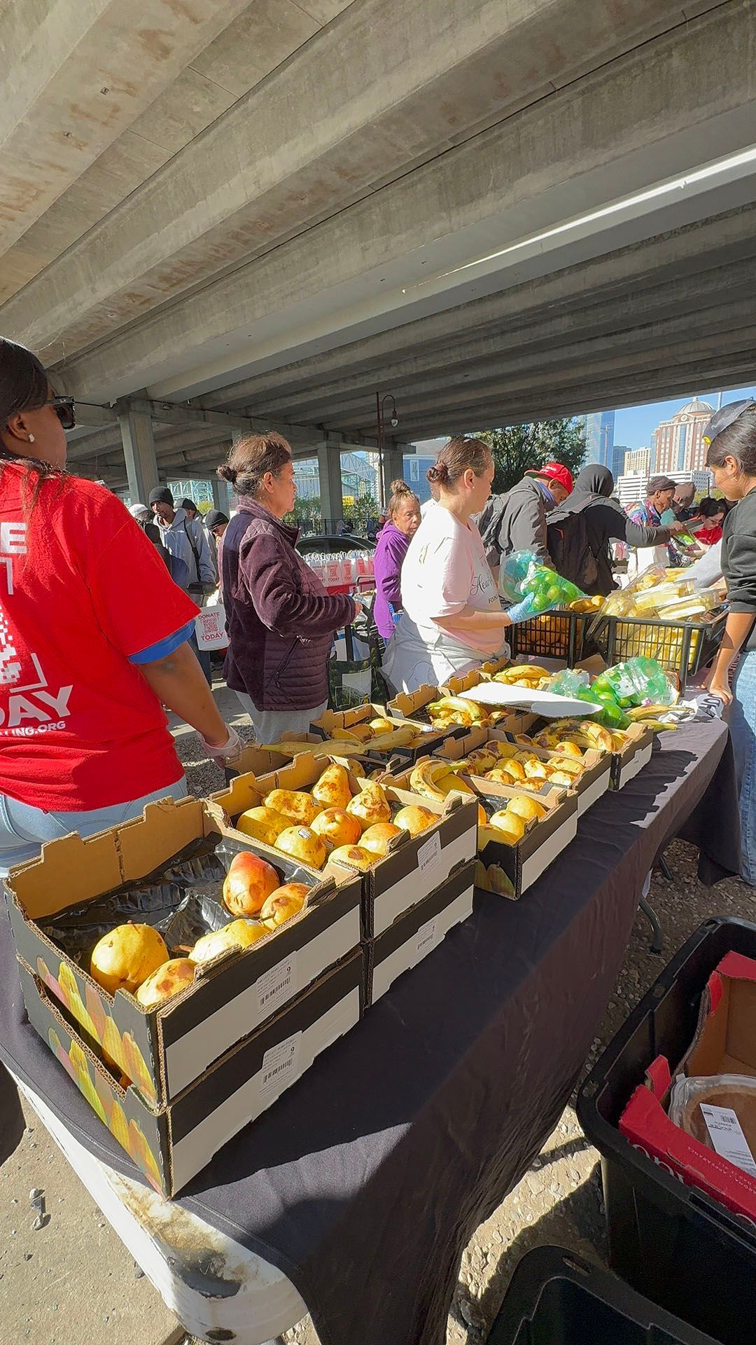 A group of people are standing around a table filled with boxes of fruit.