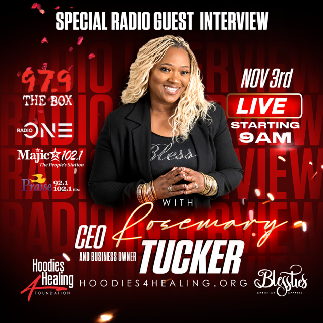 A poster for a special radio guest interview with rosemary tucker