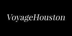 The logo for voyage houston is white on a black background.