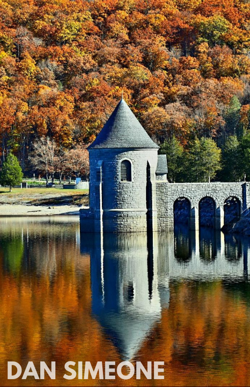 lake with stone structure