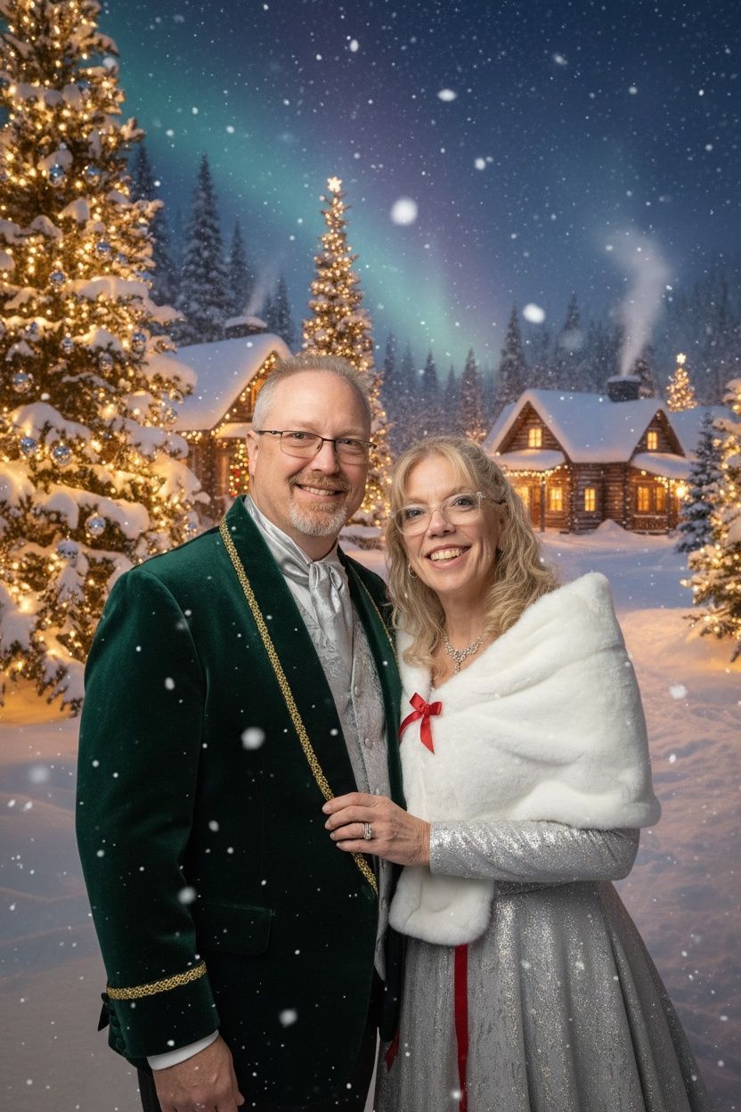 Couple dressed in elegant winter attire smiling together in a snowy holiday village with lit Christmas trees and falling snow