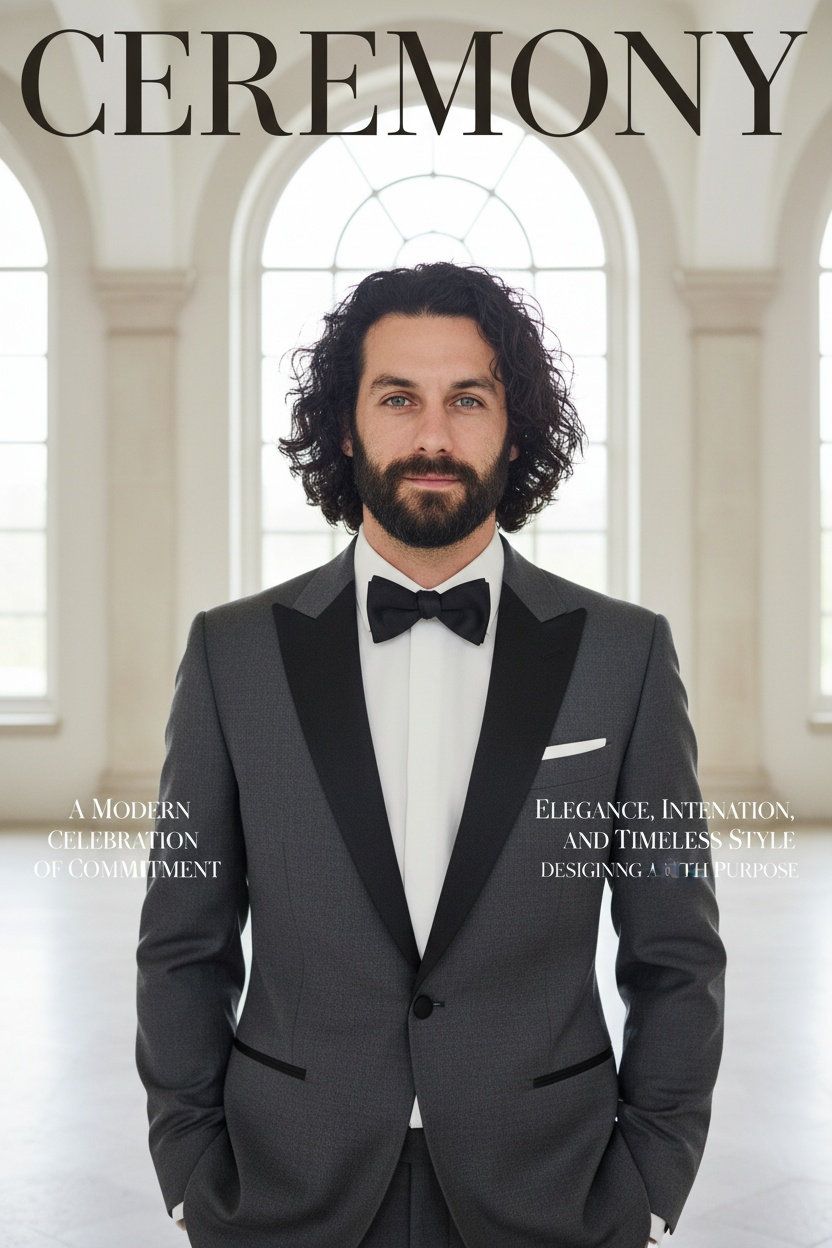 Man in a black tuxedo posing formally in front of a ceremony-themed magazine cover