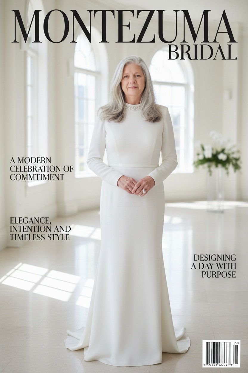 Bride wearing a minimalist white wedding dress posing indoors for a bridal magazine cover