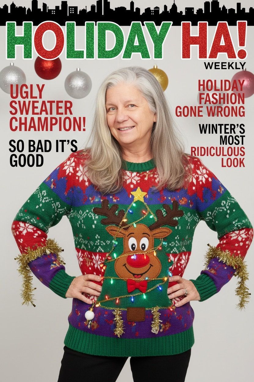 Woman wearing a colorful holiday sweater posing in front of a festive Christmas-themed backdrop