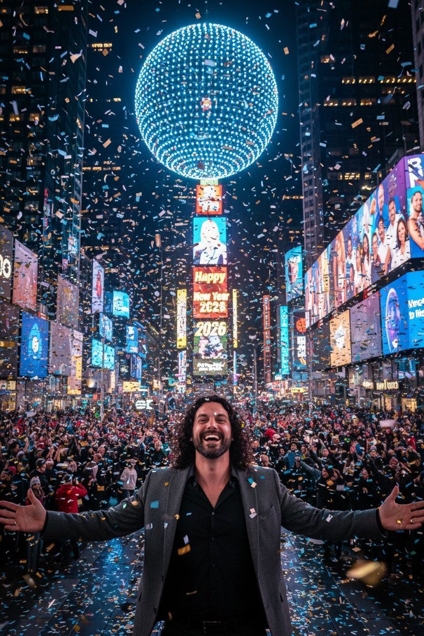 Man standing in a crowded street in New York City waiting for the ball to drop
