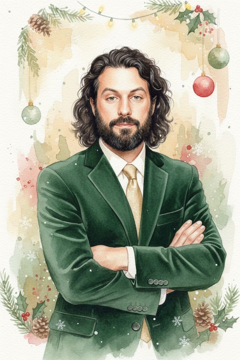 Man with curly hair and beard wearing a green suit, arms crossed, against a soft floral background
