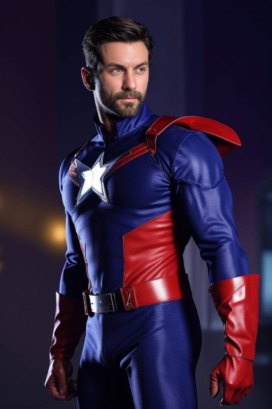 Superhero character in a blue and red costume standing confidently against a dark background