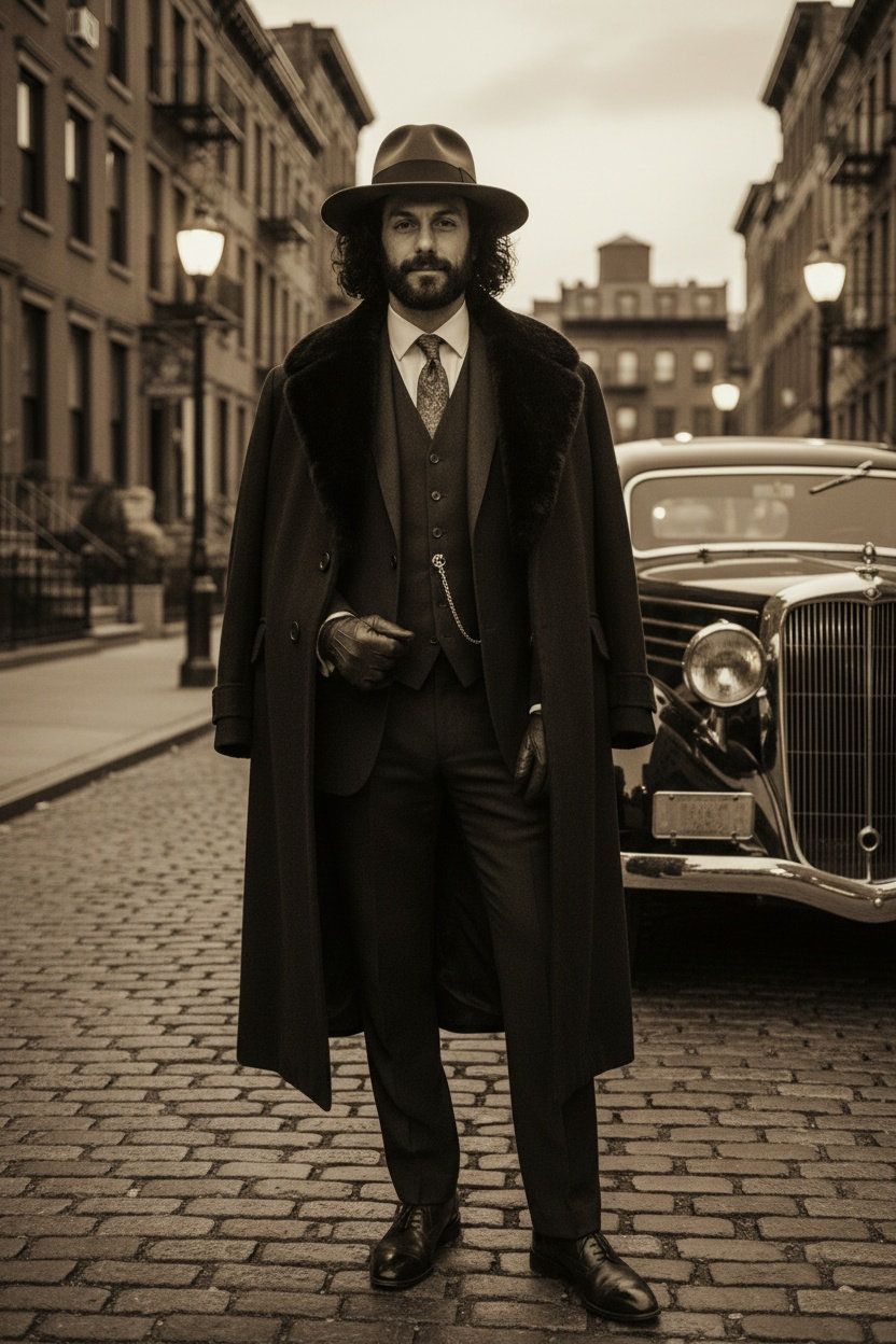 Stylish man in a long coat and hat standing on a vintage city street in black and white
