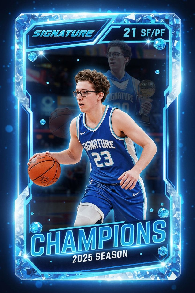 Basketball trading card featuring a player in a blue jersey with a digital neon Champions design