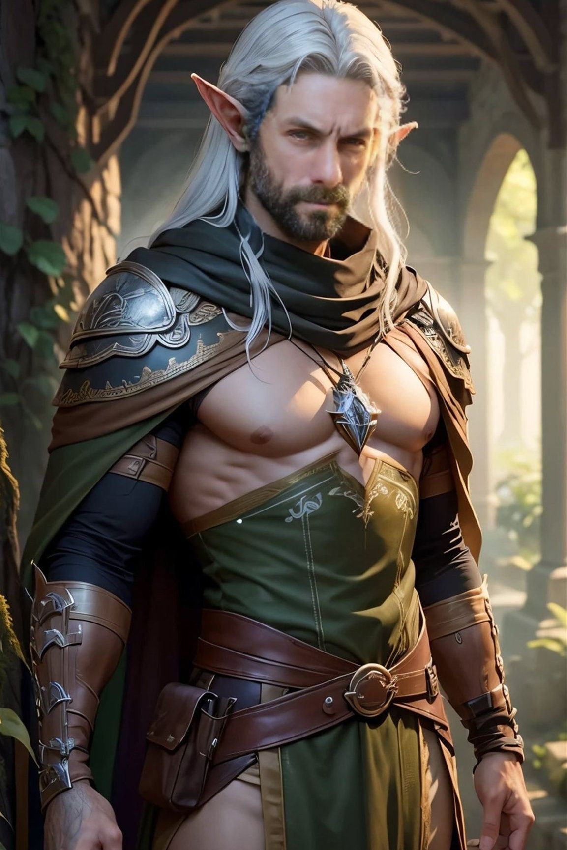 Fantasy elf warrior character with long white hair wearing leather armor in a medieval forest setting