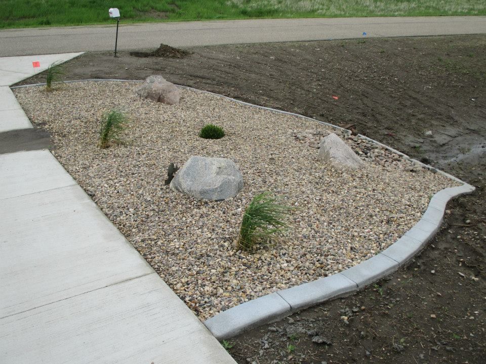Gravel-covered landscaping bed with a few plants and large rocks next to a sidewalk.