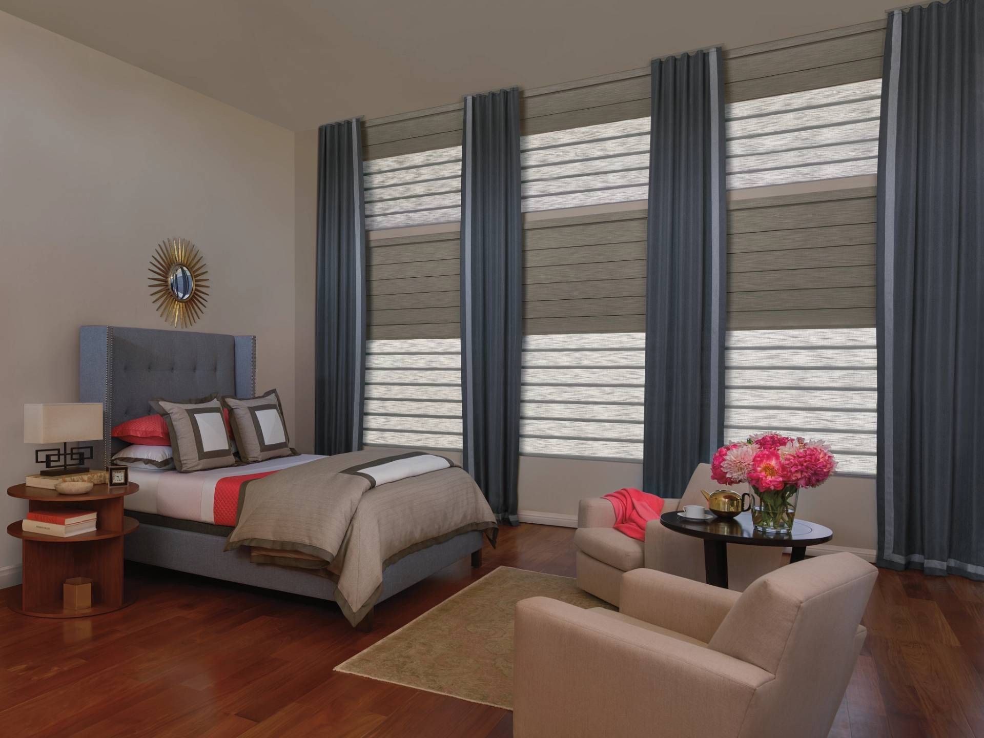 Hunter Douglas Vignette® Roman Shades with accent drapery near La Quinta, CA. 